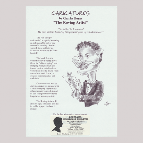 
        Adv. about Charles Burns, starting, Caricatures by Charles Burns...